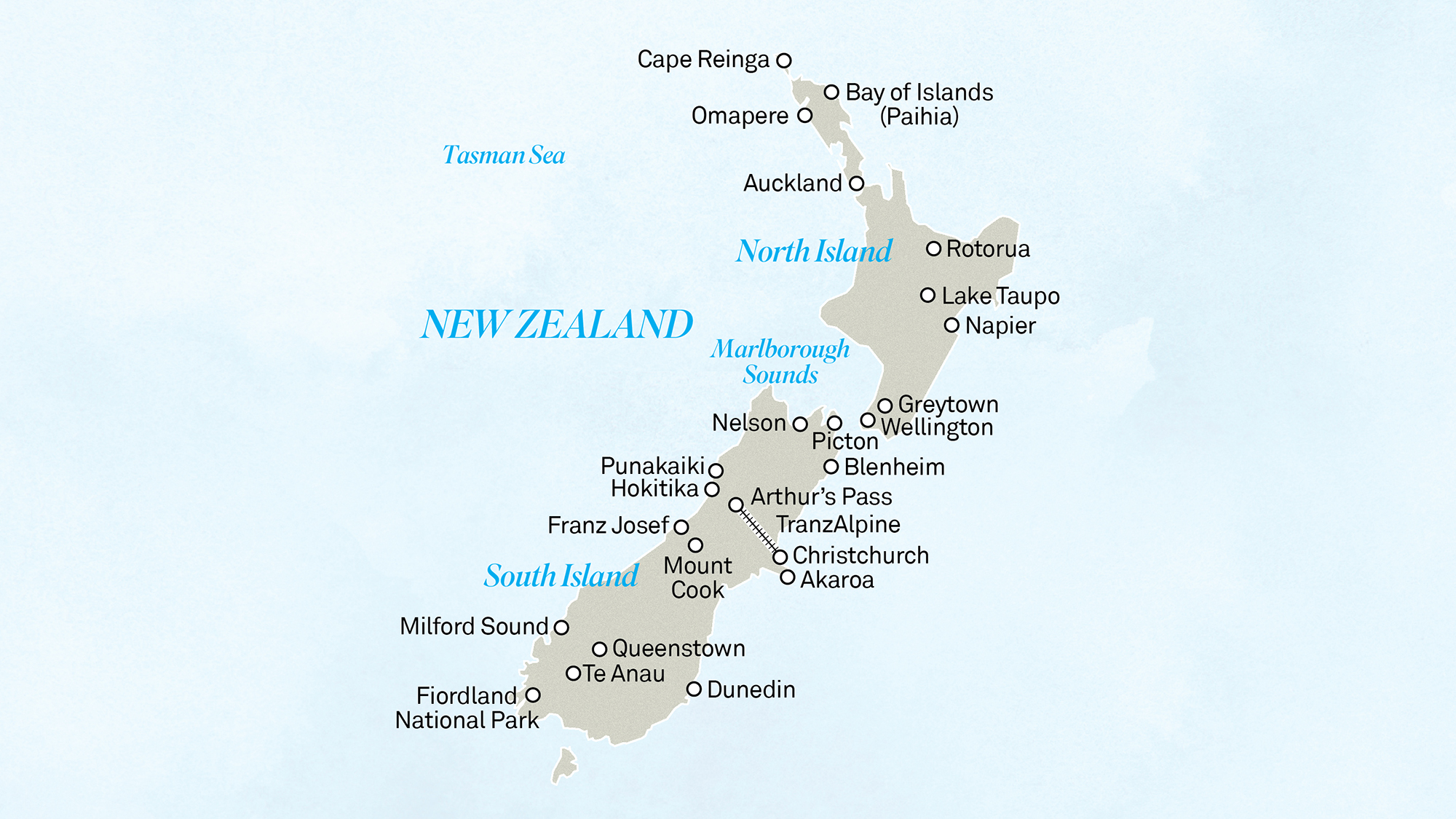 Map of Scenic Land destinations in New Zealand