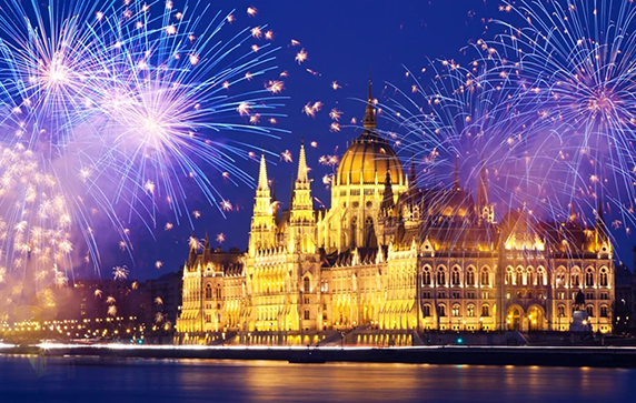 Fireworks above Budapest, Hungary at night