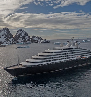 Luxury ocean cruise ship sailing in the waters of Antarctica