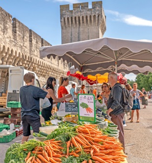 A group of individuals surrounding a market stall, positioned in front of a gorgeous castle and stocked with fresh vegetables.