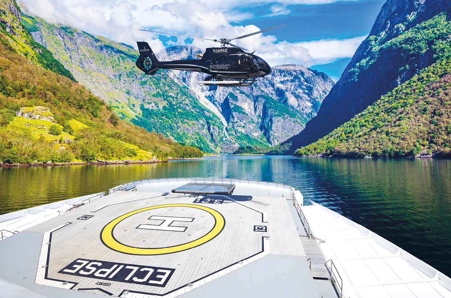 Helicopter taking off from Scenic Eclipse