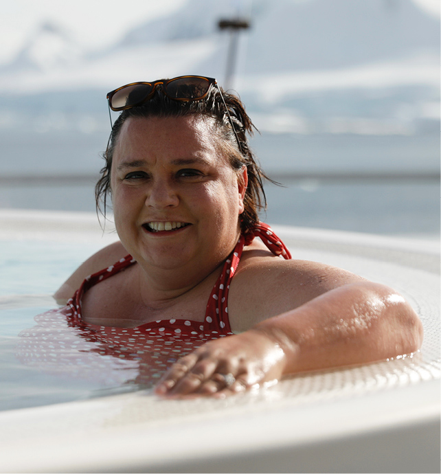 Scottish comedian, television presenter, writer and panellist Susan Calman in a pool on board Scenic Eclipse