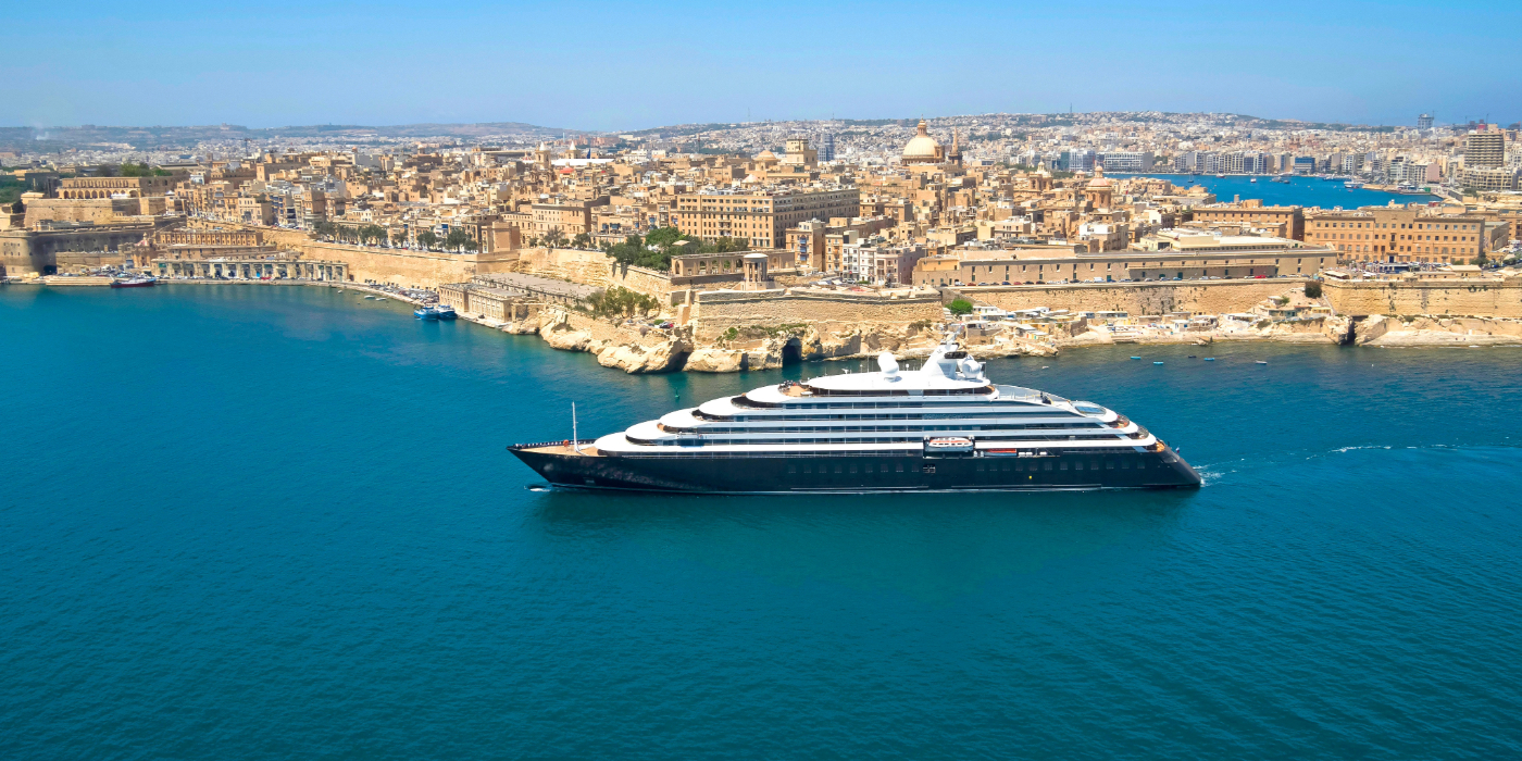 Scenic Eclipse can be seen floating in the Mediterranean ocean