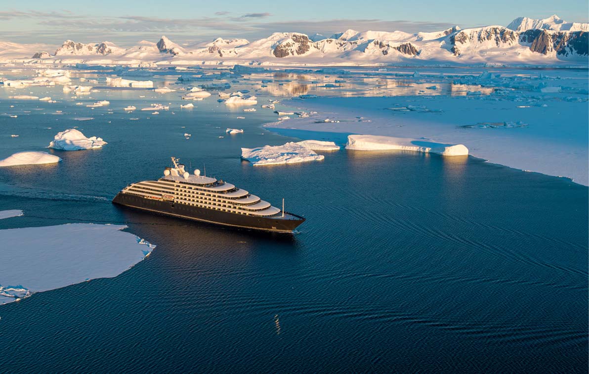 Ultra-luxury discovery yacht sailing through the waters of Antarctica