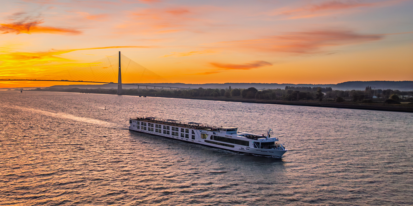 Scenic ship cruising along a river
