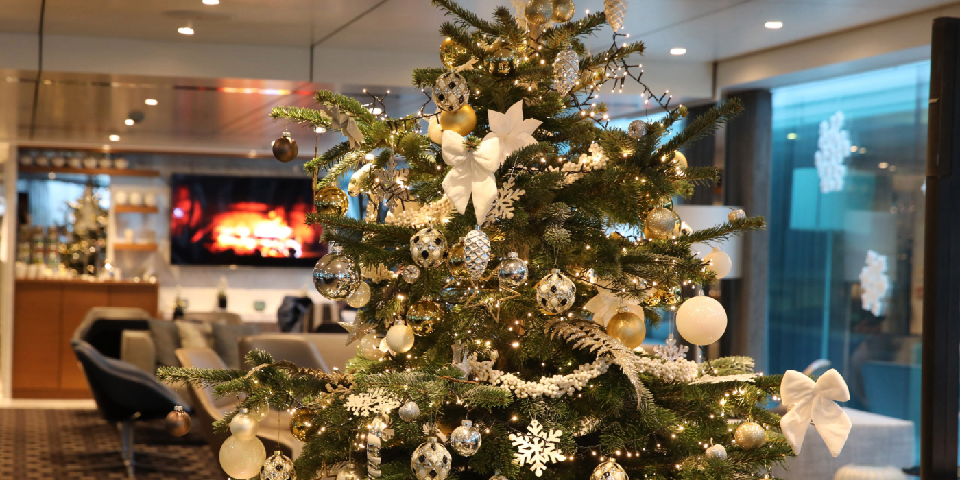 Festive Christmas tree adorned with colorful ornaments and twinkling lights onboard our Scenic Space-Ships